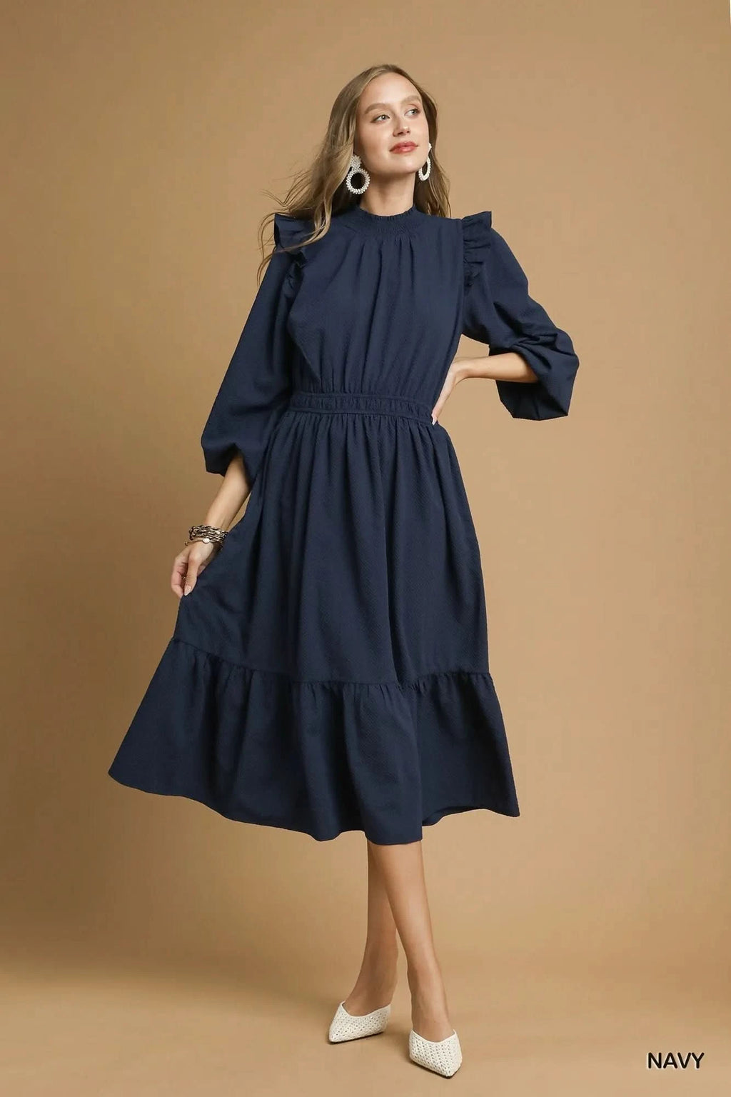 Umgee Textured Midi Dress with Ruffle Shoulder Detail in - photo