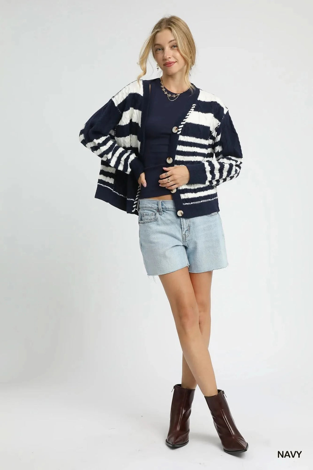 Umgee Cable-Knit Stripe Button-Up Cardigan in - photo