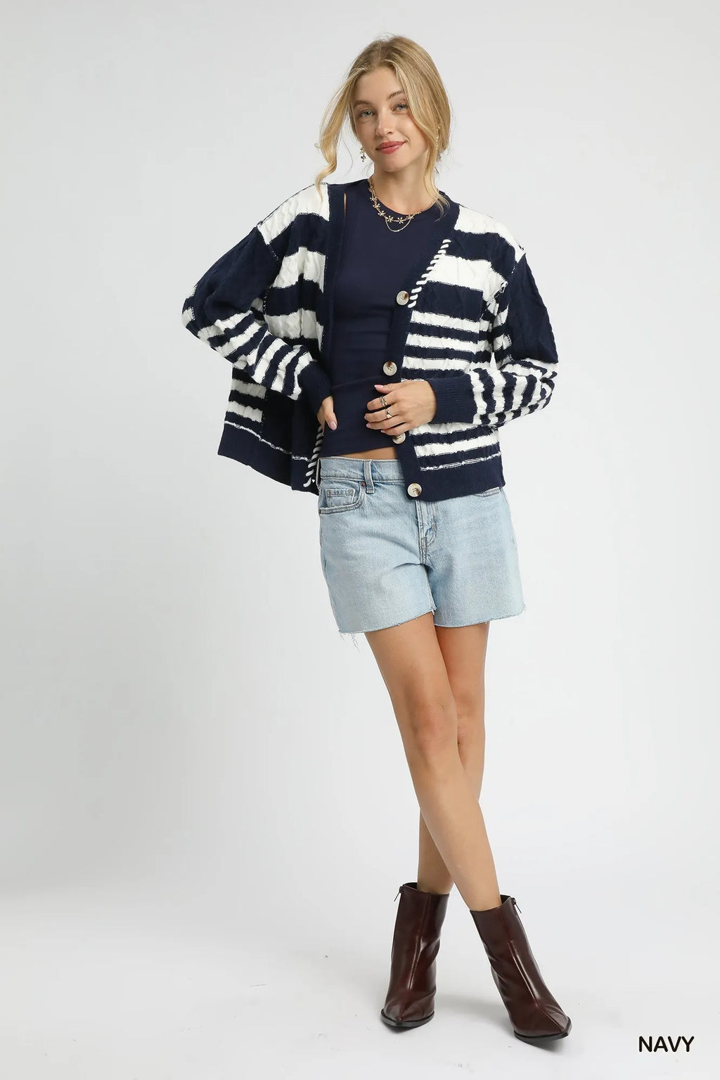 Umgee Cable-Knit Stripe Button-Up Cardigan in - photo