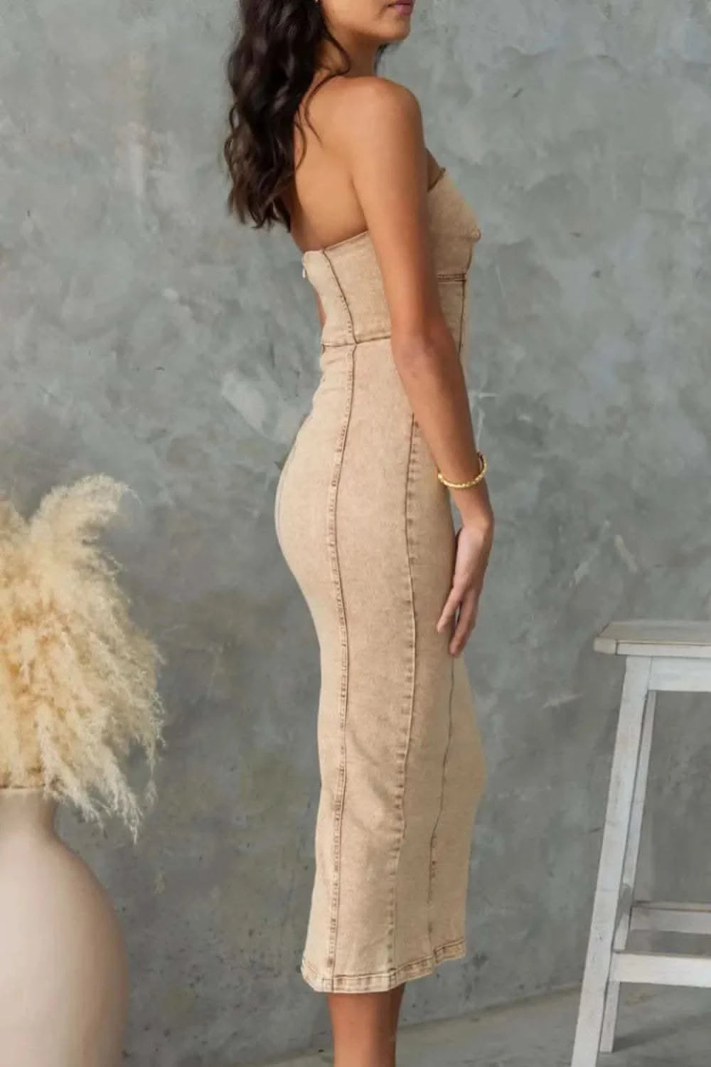 Washed Slit Back Tube Denim Dress in - photo