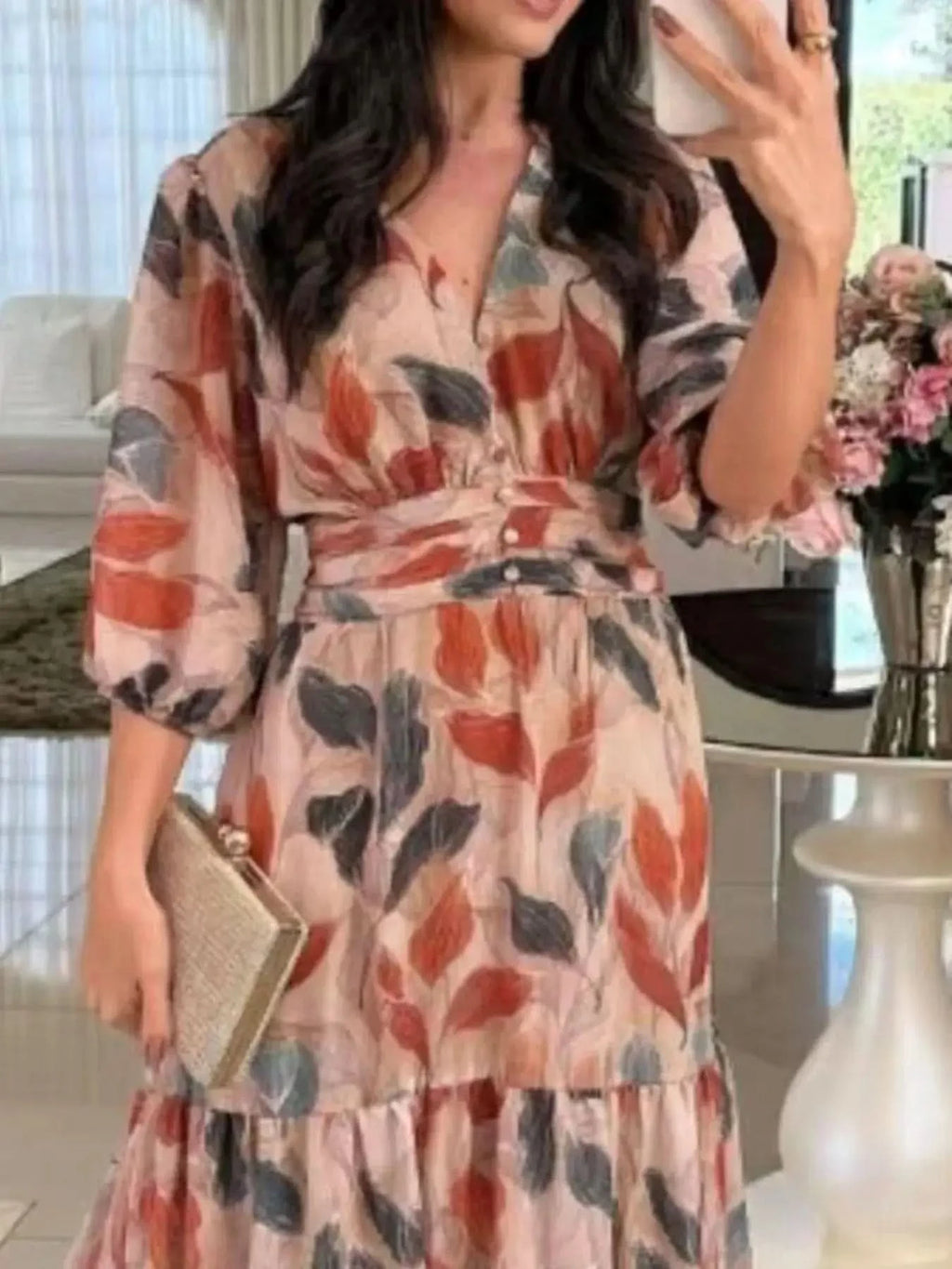 Full Size Printed V-Neck Maxi Dress with Tiered Hemline Plus Size - SwagglyLife Home & Fashion