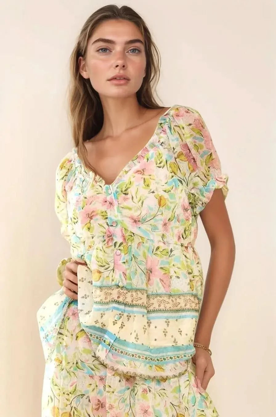 Davi & Dani Spring Floral Border Print Ruffled Textured Top - SwagglyLife Home & Fashion