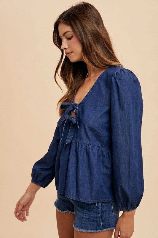 Annie Wear Tie Front Peplum Long Sleeve Denim Top - SwagglyLife Home & Fashion