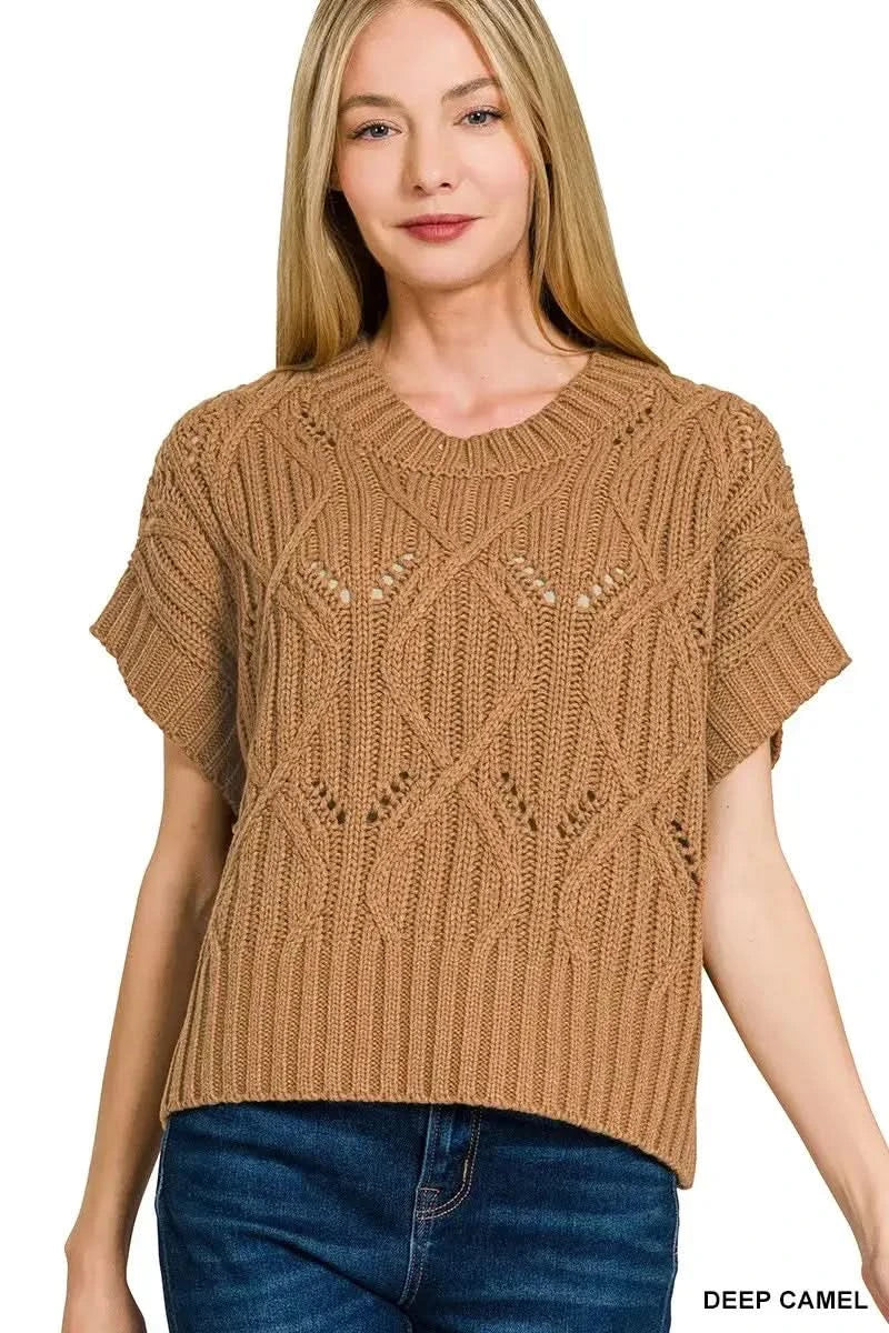 Zenana Cable Knit Short Sleeve Sweater in DEEP CAMEL - photo