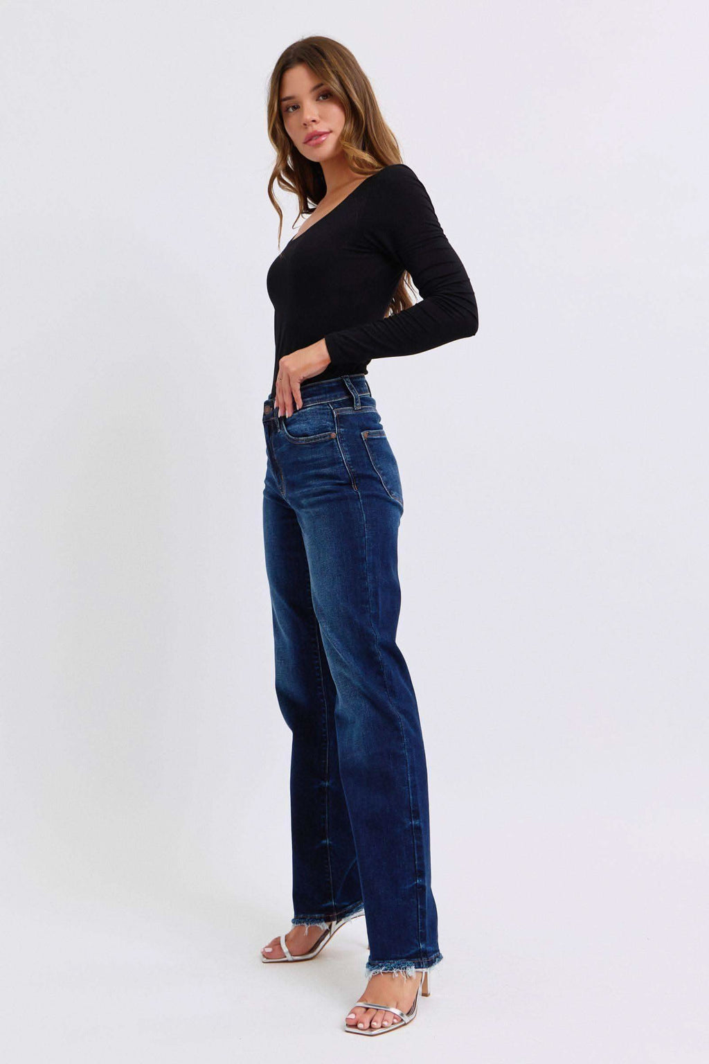 Judy Blue Full Size Raw Hem Straight Leg Jeans in - Jeans photo