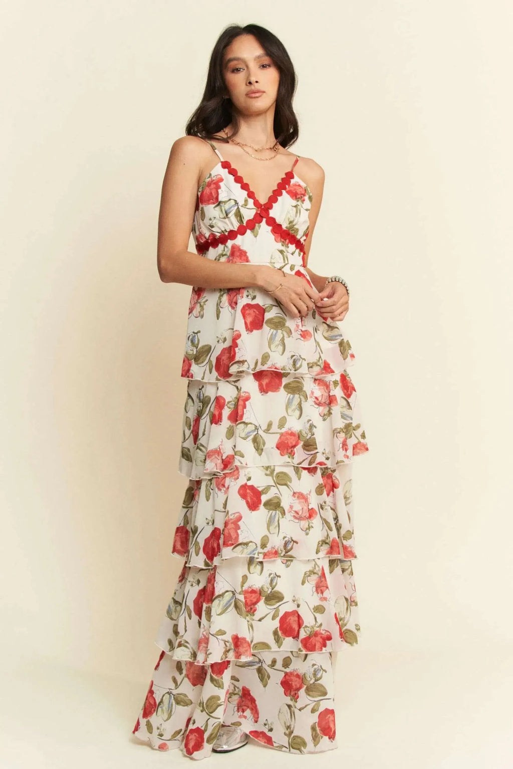 Davi & Dani Contrast Ring Lace Layered Ruffle Maxi Cami Dress in - photo