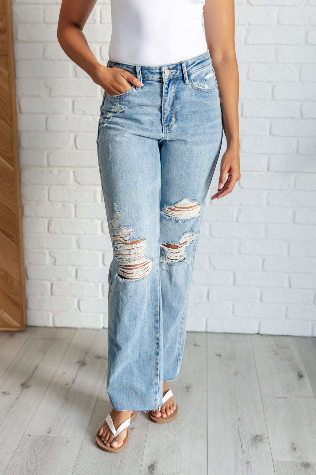 Ramona High Rise Rigid Magic Destroyed Straight Jeans in - Denim photo