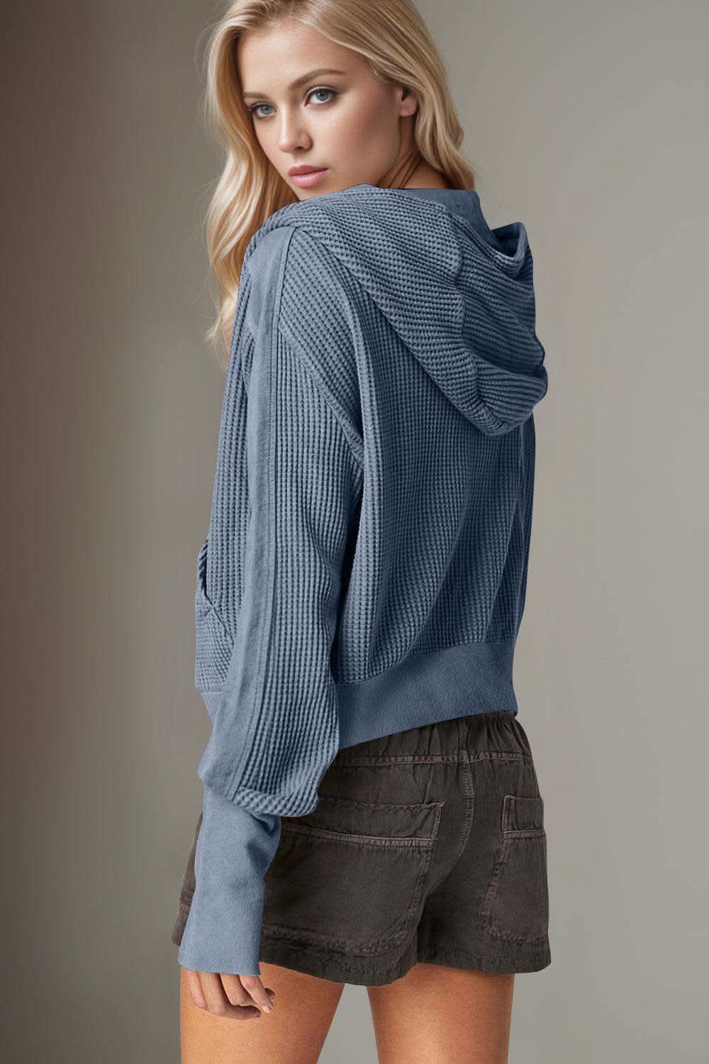 Double Take Waffle-Knit Zip Up Long Sleeve Hooded Jacket in - photo