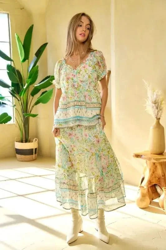 Davi & Dani Spring Floral Border Print Ruffled Textured Top - SwagglyLife Home & Fashion