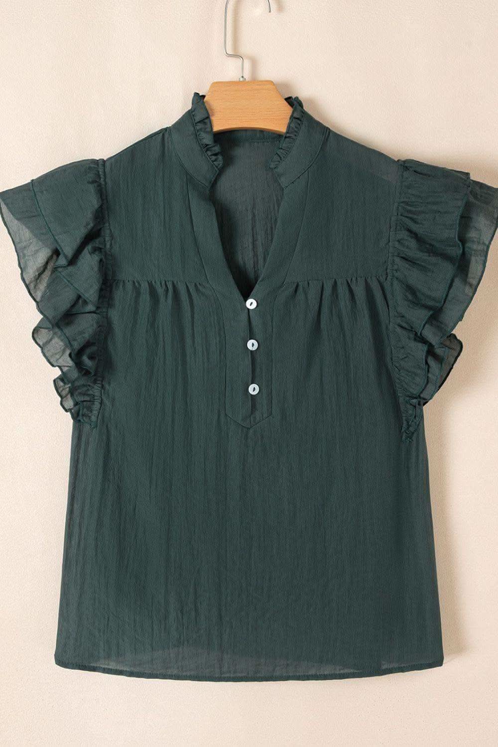 Frilled Notched Ruffled Cap Sleeve Blouse in - tops photo