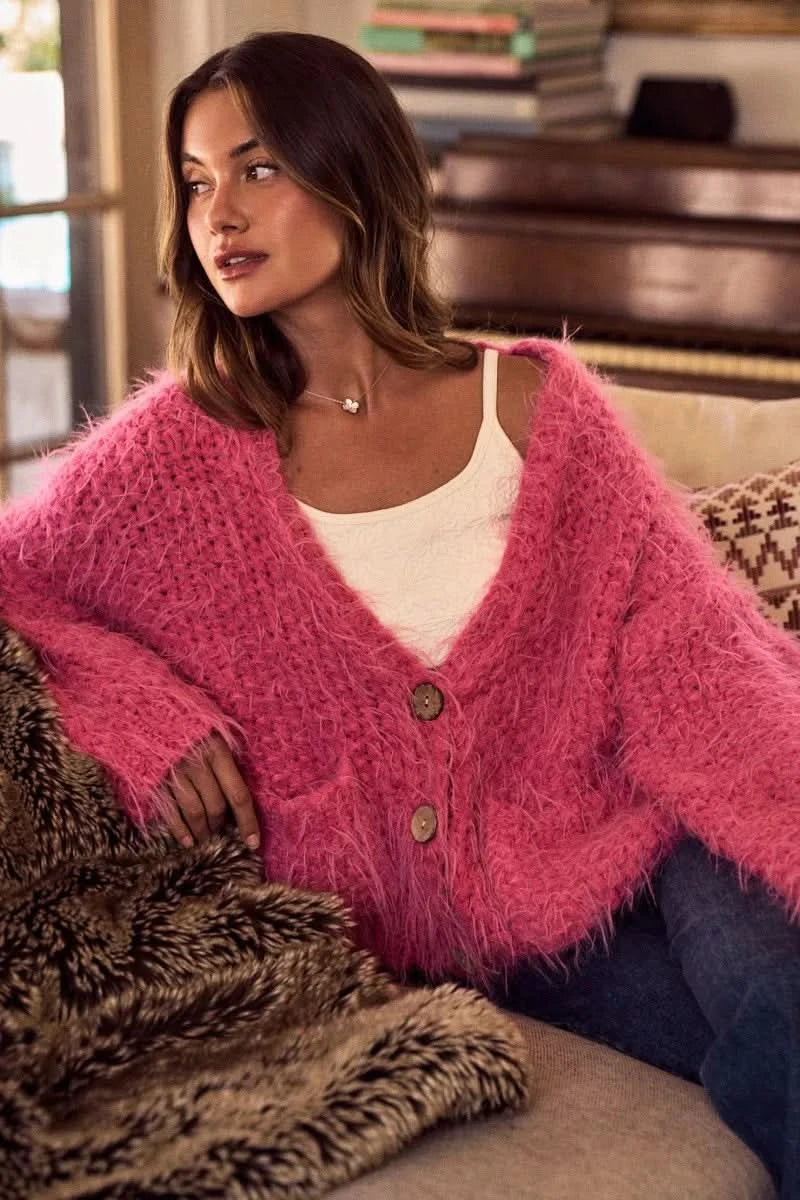 SO ME Soft Touch Hairy Loose Fit Cozy Sweater Cardigan in - photo