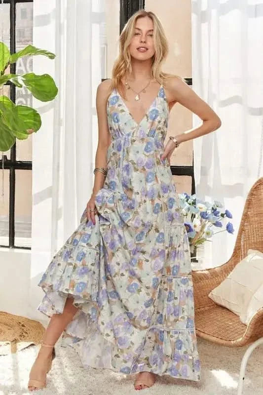 ADORA Bow Back Floral Cami Dress in OFF WHITE BLUE - photo
