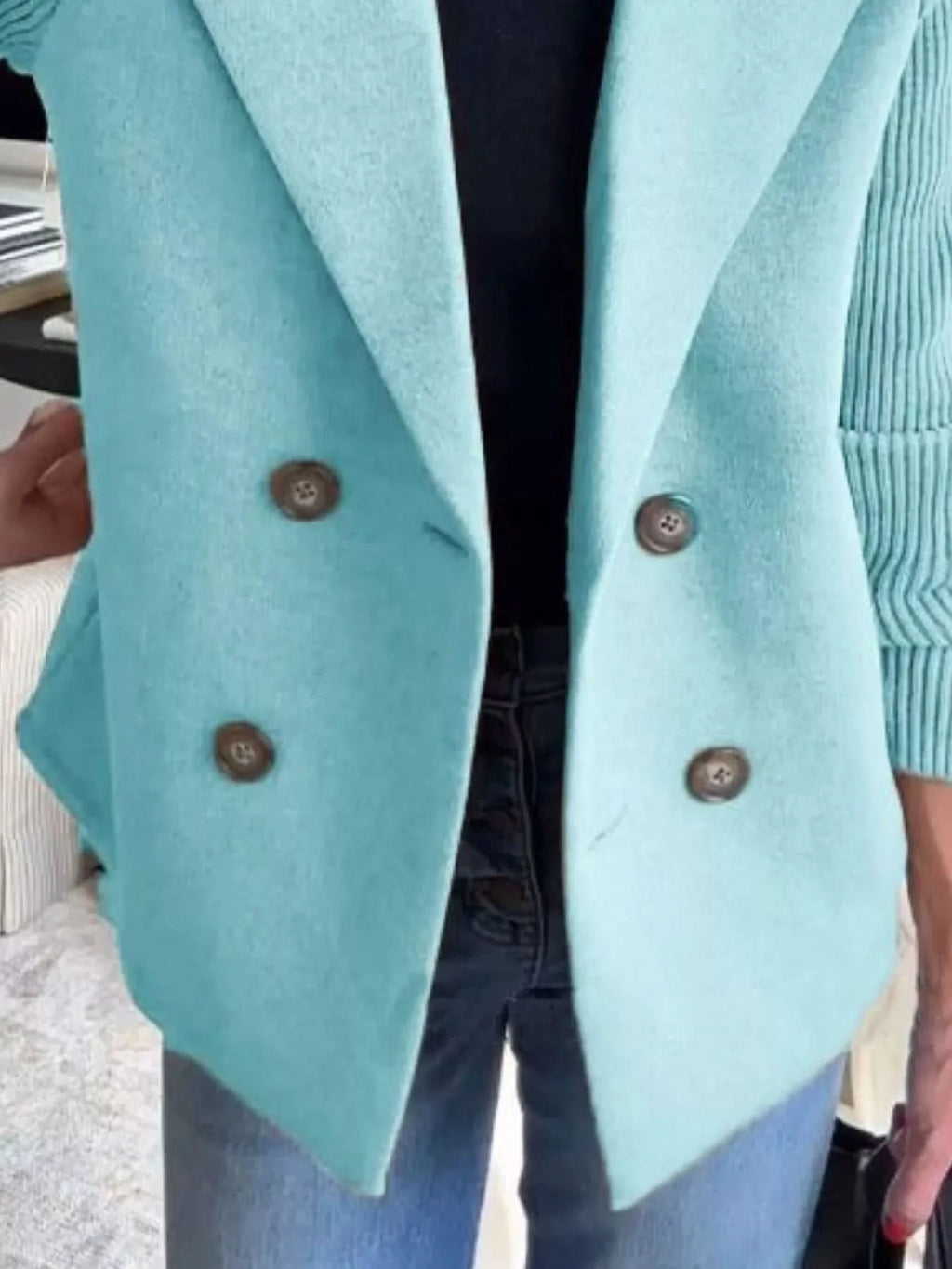 Knit Sleeve Double-Breasted Outerwear in - photo