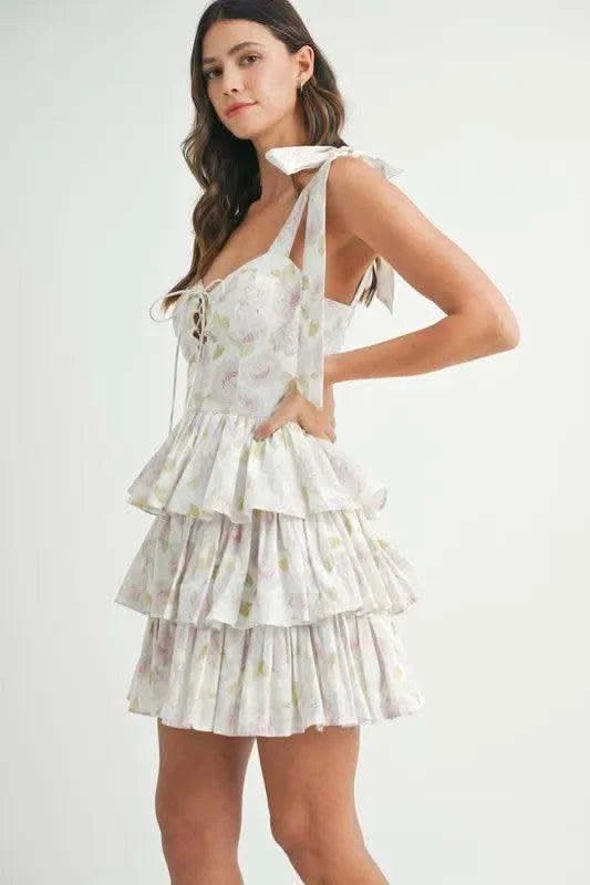 MABLE Floral Print Shoulder Tie Layered Mini Dress in - photo
