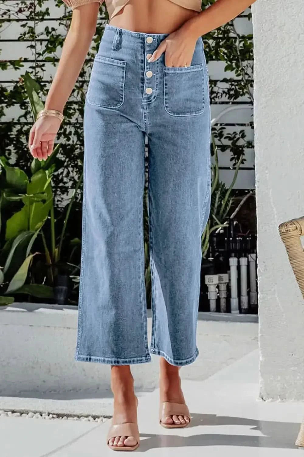 Button Fly Cropped Wide Leg Jeans in Light Blue - photo