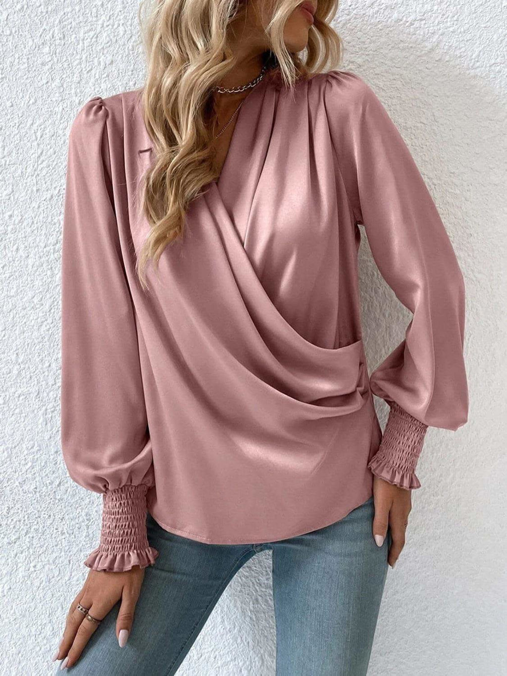 Surplice Smocked Lantern Sleeve Blouse - SwagglyLife Home & Fashion