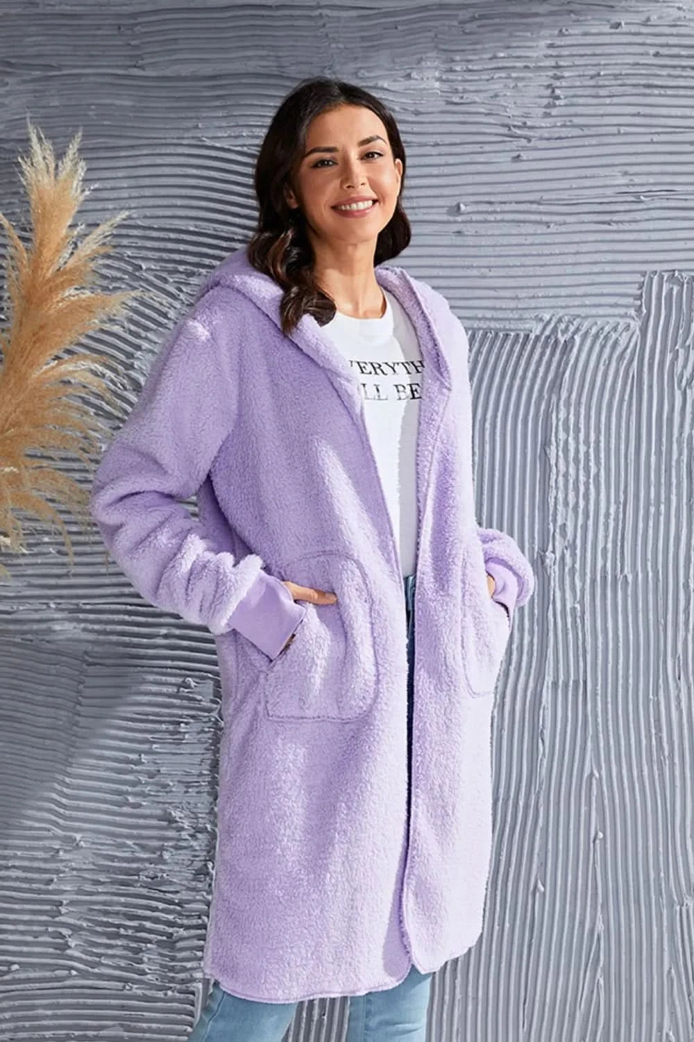 Double Take Full Size Hooded Teddy Bear Jacket with Thumbholes in - photo