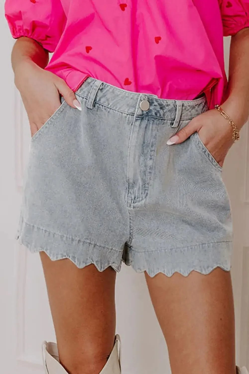 Scalloped Hem Denim Shorts in Light Blue - photo