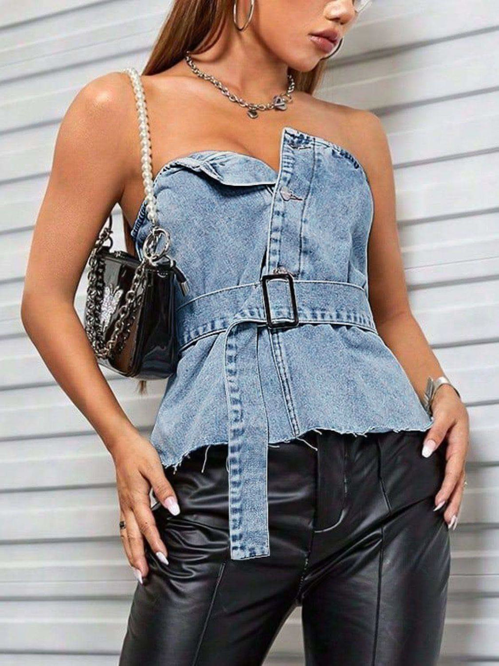 Frayed Hem Button Detail Tube Top - SwagglyLife Home & Fashion