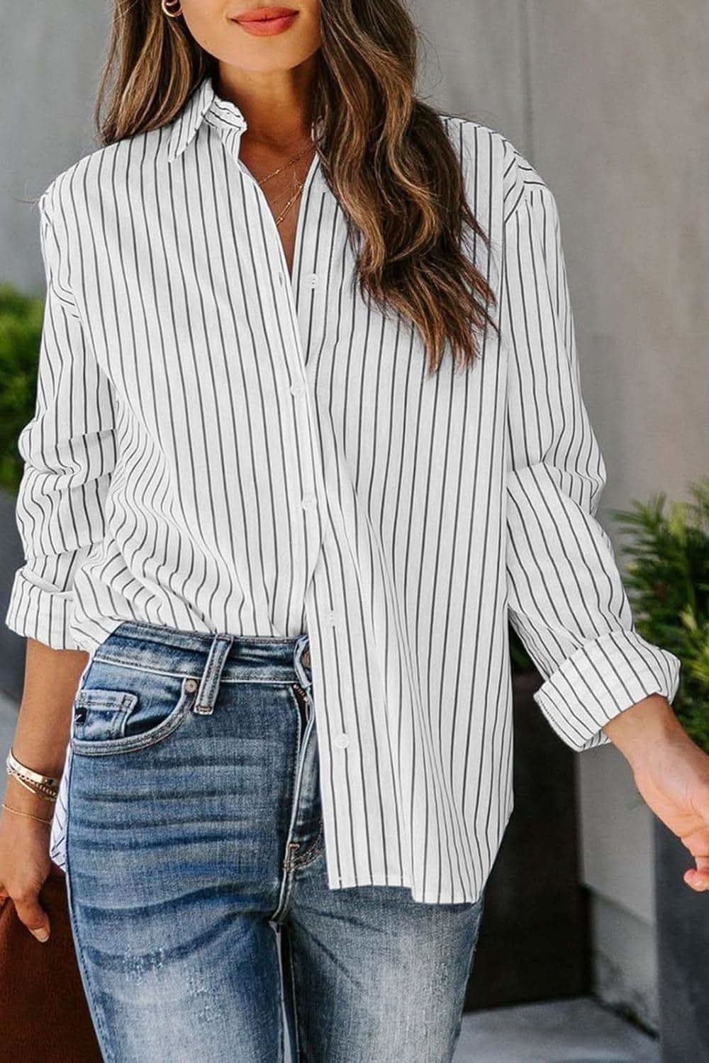 Striped Button Up Long Sleeve Shirt - SwagglyLife Home & Fashion