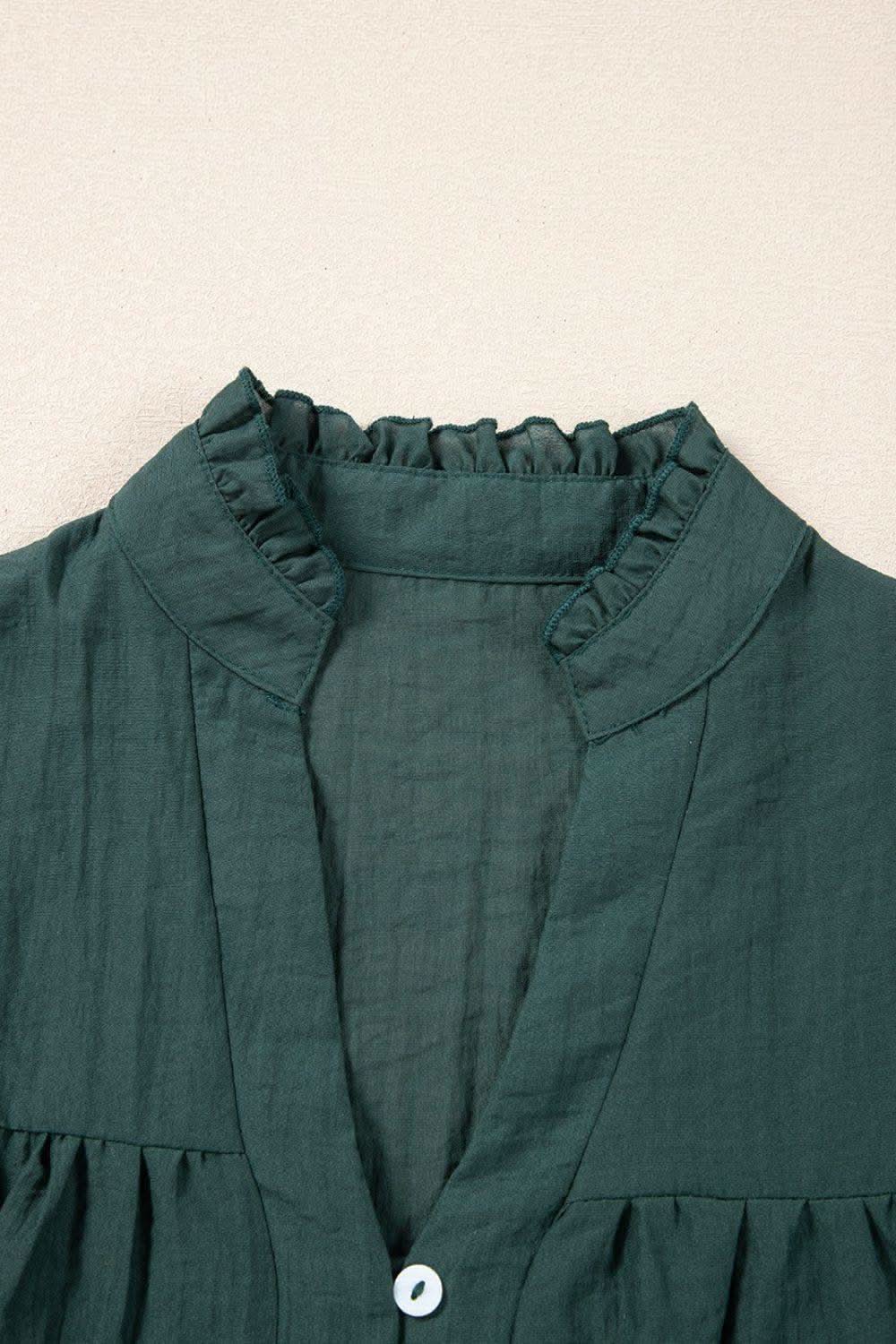 Frilled Notched Ruffled Cap Sleeve Blouse in - tops photo