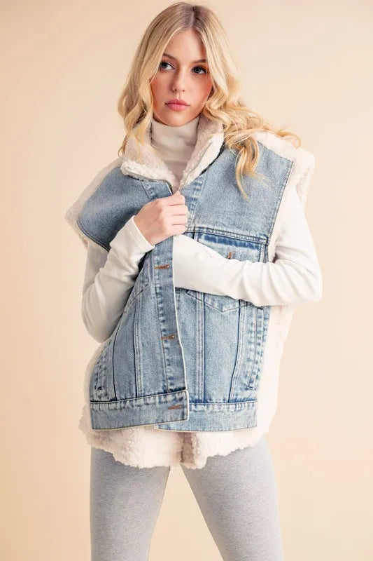 Aemi + Co Fake Two Pieces Denim Patch Sherpa Vest Coat in - photo