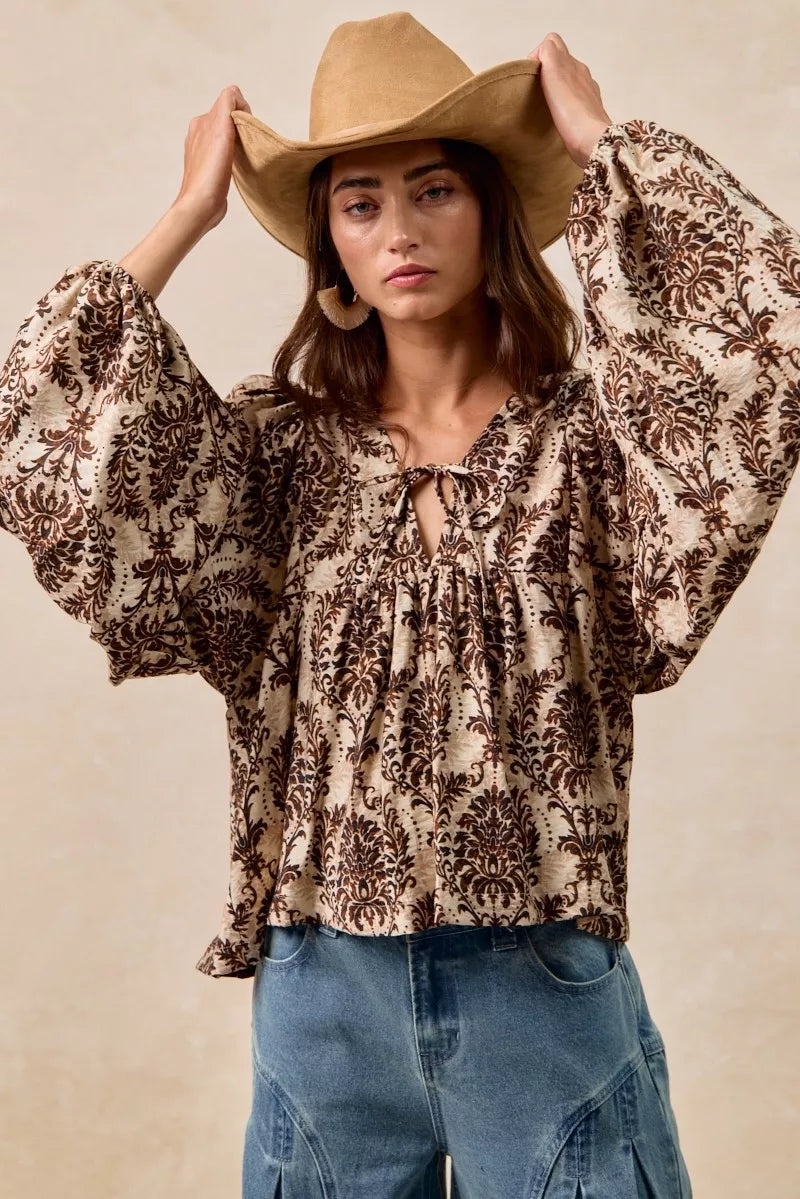 BiBi Printed Woven Front Tied Blouse with Baloon Sleeve in - photo