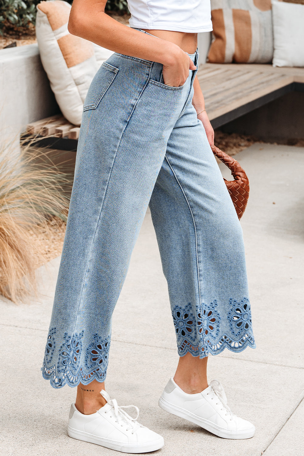 Juliette Embroidered Cropped Wide Leg High Waist Jeans in - Bottoms/Jeans photo