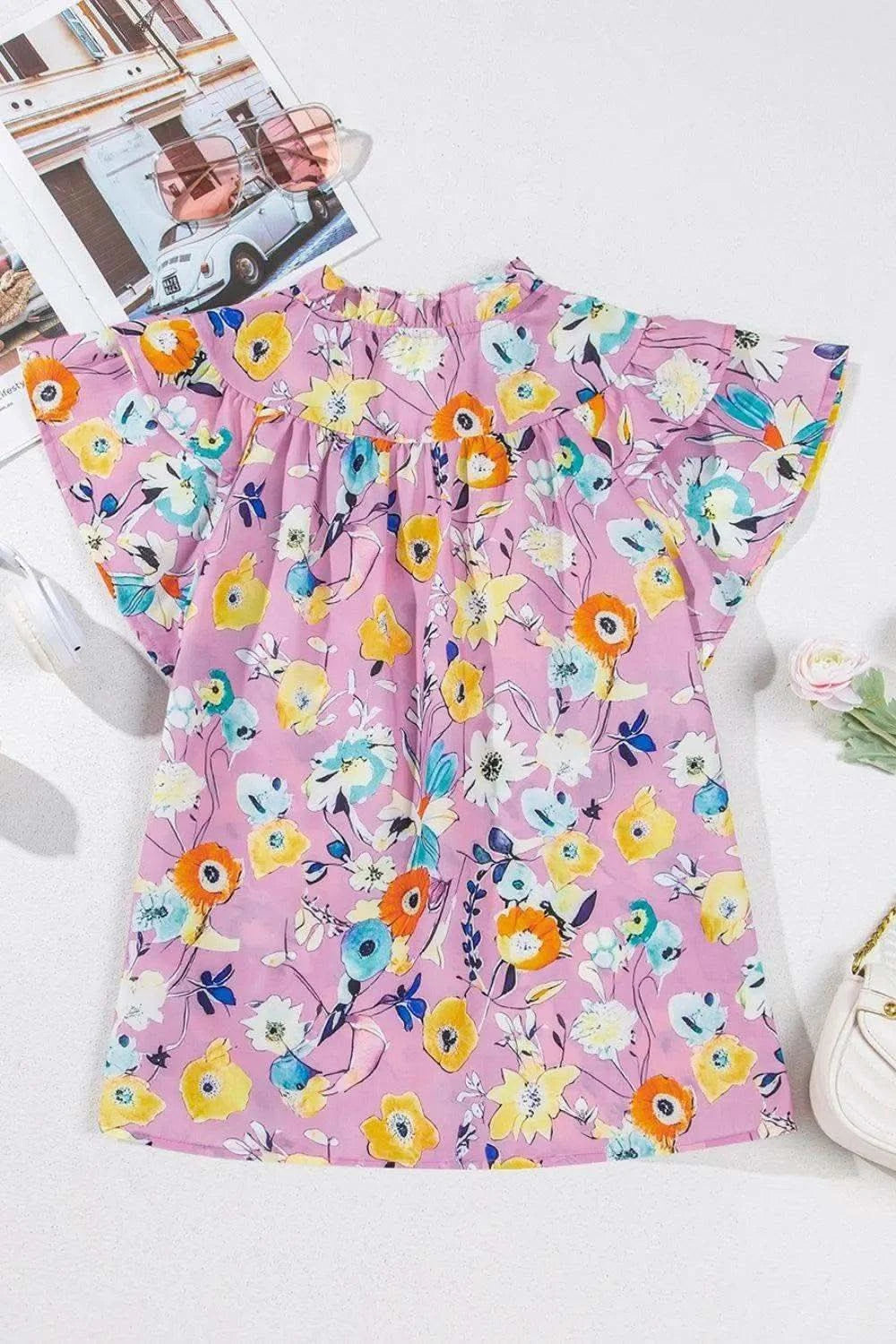 Printed Notched Double Layered Ruffle Sleeve Blouse - SwagglyLife Home & Fashion