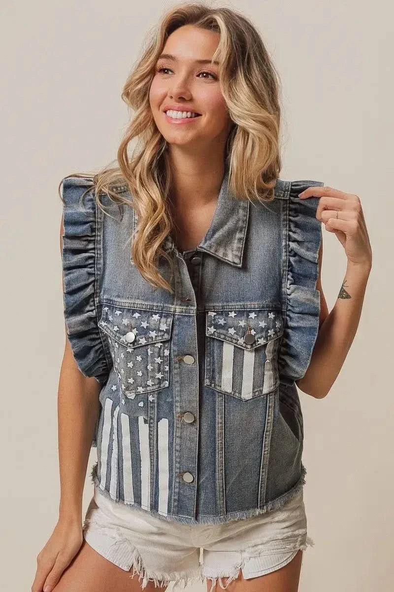 BiBi American Flag Washed Denim Jacket - SwagglyLife Home & Fashion BiBi American Flag Washed Denim Jacket - SwagglyLife Home & Fashion