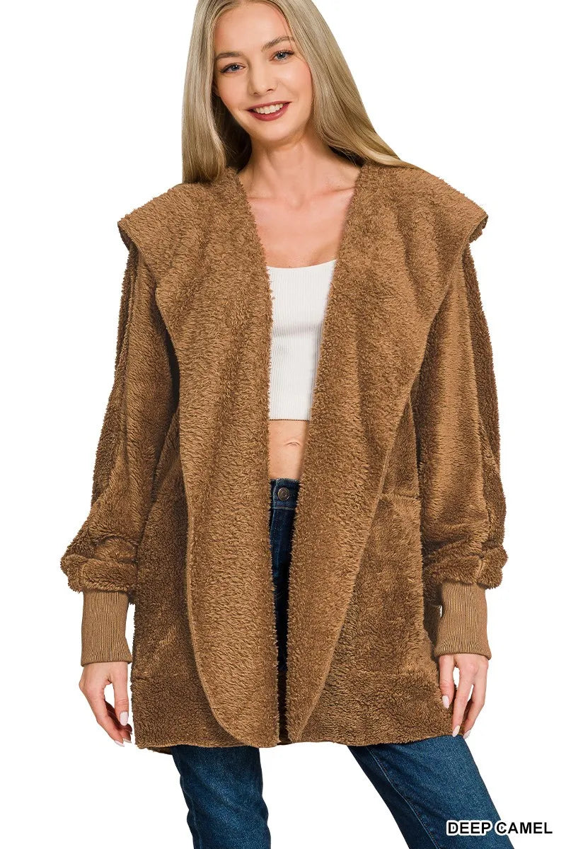 Zenana Hooded Faux Fur Jacket with Pockets in DEEP CAMEL - photo