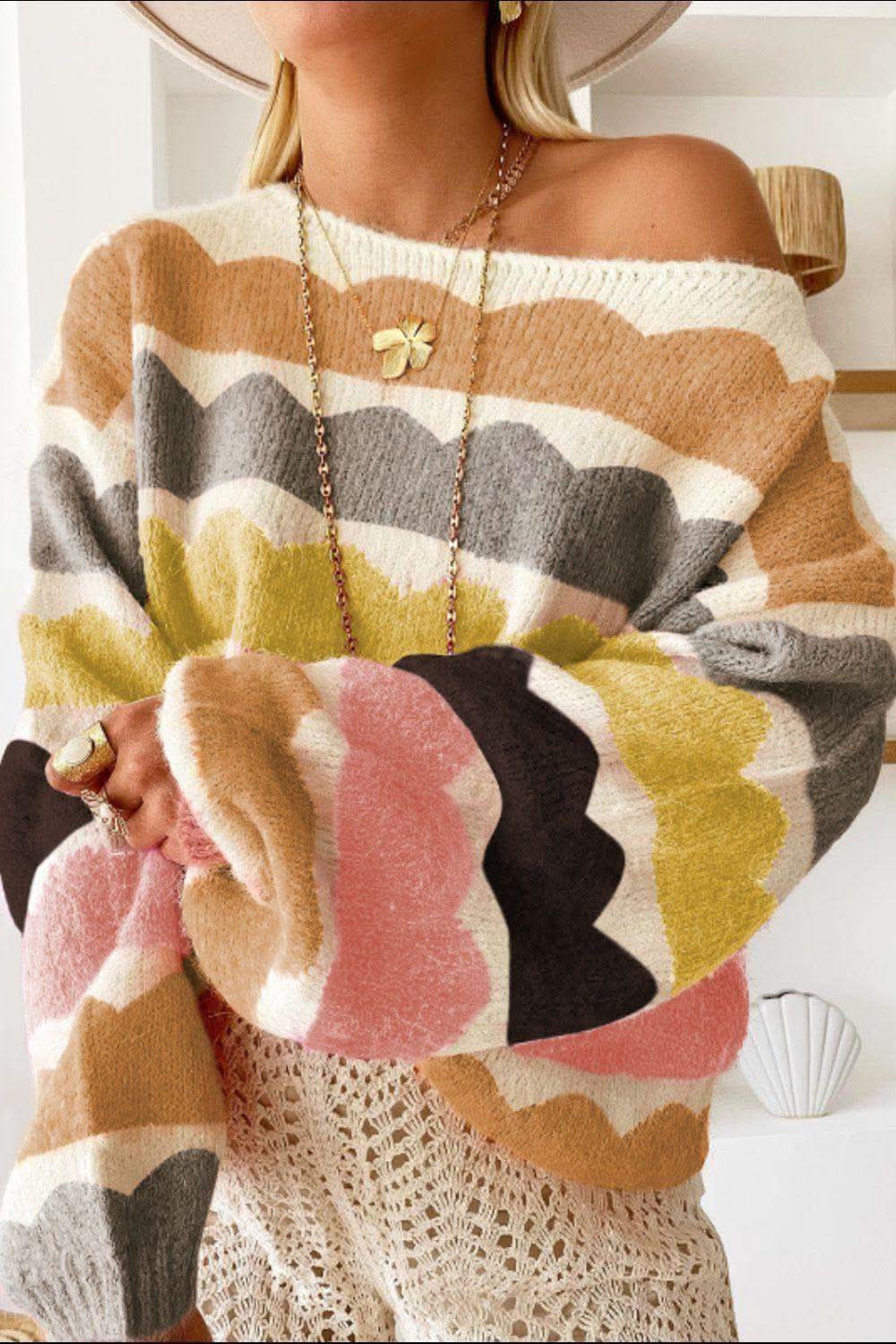 Contrast Boat Neck Long Sleeve Sweater in Camel - Sweaters photo