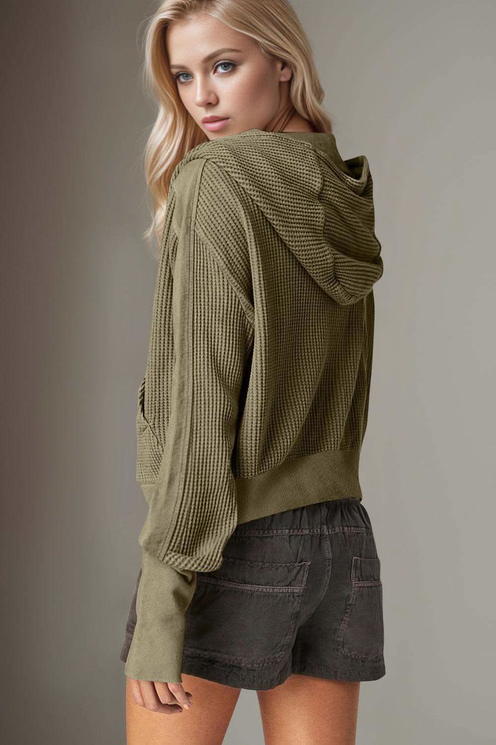 Double Take Waffle-Knit Zip Up Long Sleeve Hooded Jacket in - photo