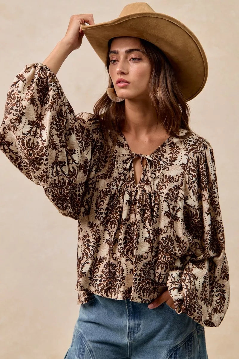 BiBi Printed Woven Front Tied Blouse with Baloon Sleeve in - photo