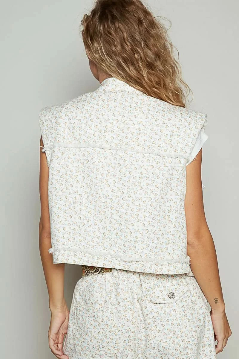 POL Assymetrical Front Closure Raw Hem Floral Denim Vest in - photo