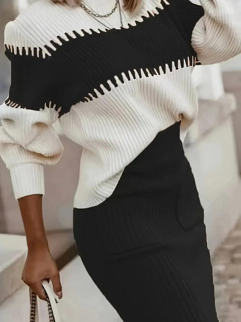 Two-Tone Ribbed Knit Top and Skirt Sweater Set in - photo