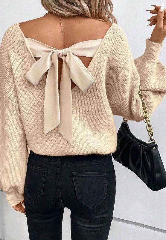 Tied Back V-Neck Long Sleeve Sweater in Beige - sweaters photo