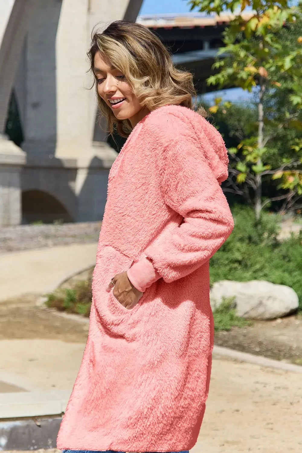 Double Take Full Size Hooded Teddy Bear Jacket with Thumbholes in - photo