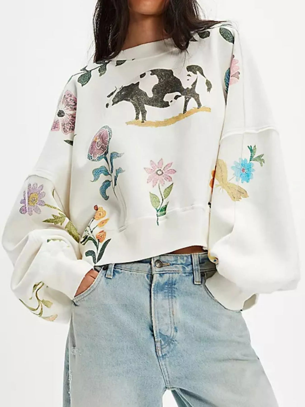 Printed Round Neck Dropped Shoulder Sweatshirt in - photo