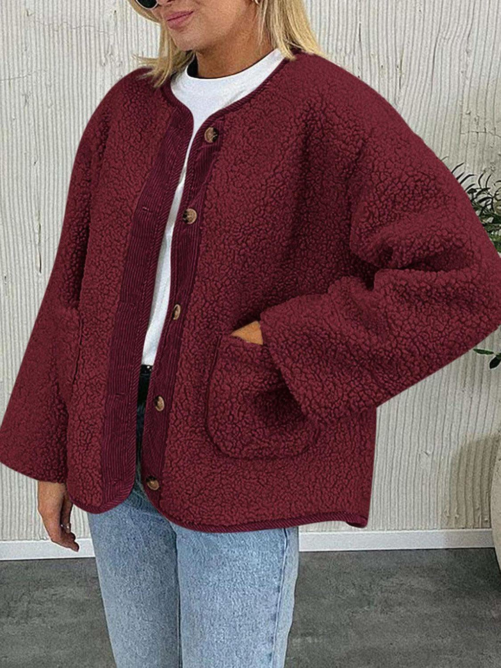 Contrast Button Up Sherpa Jacket with Pockets in - photo