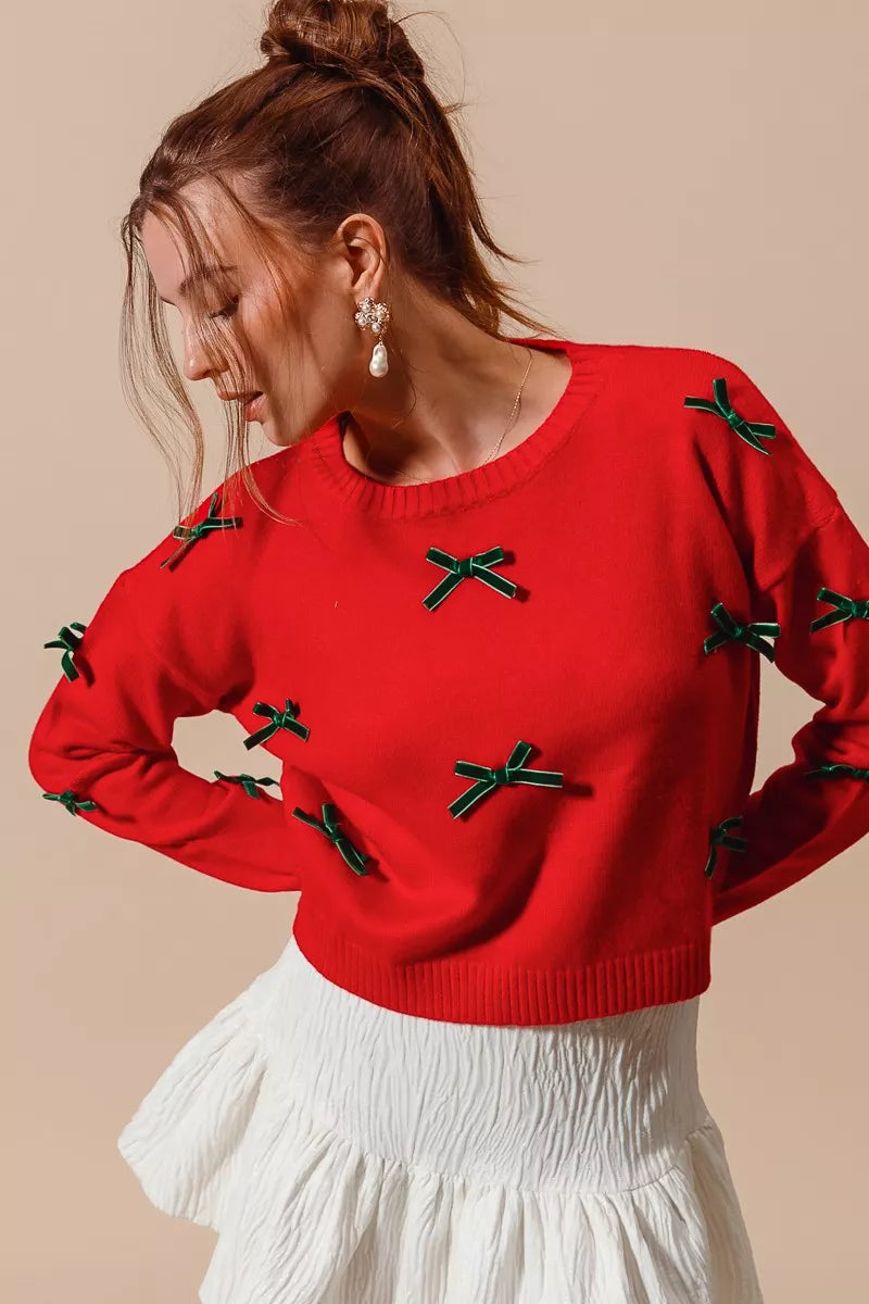 SO ME Ribbon Bow Applique Sweater in RED HUNTER - photo