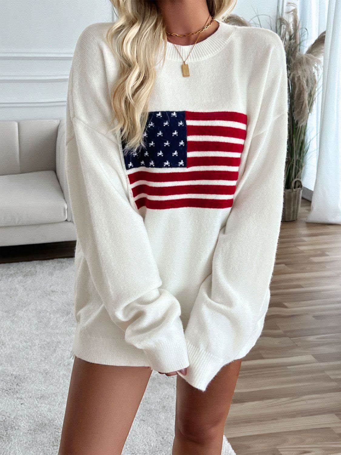 Devine US Flag Round Neck Long Sleeve Knit Top - SwagglyLife Home & Fashion Devine US Flag Round Neck Long Sleeve Knit Top - SwagglyLife Home & Fashion