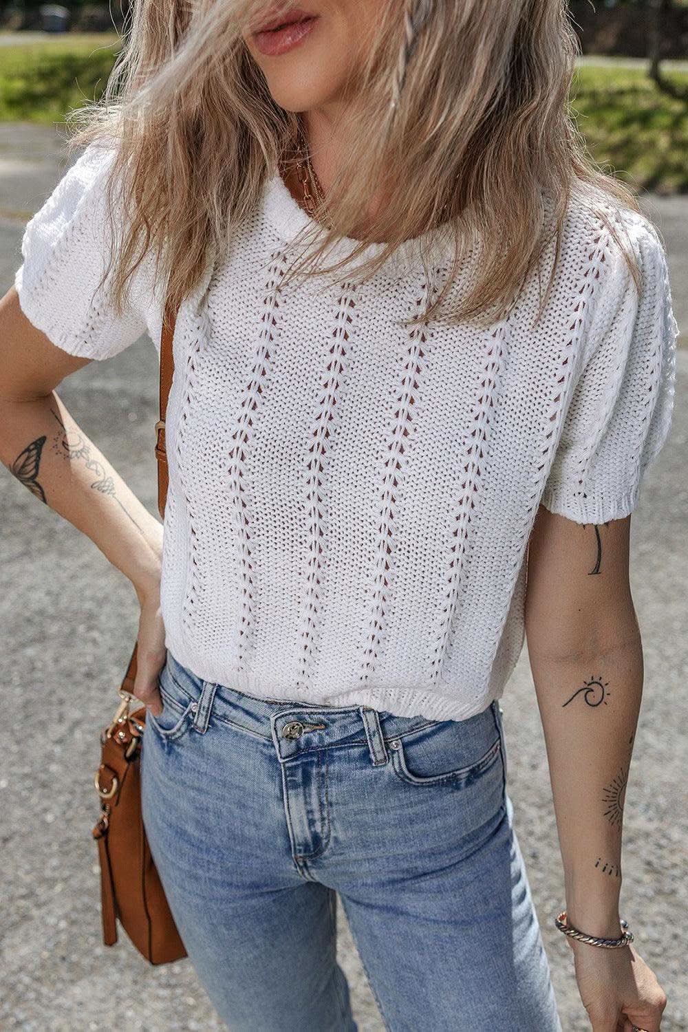 Openwork Round Neck Short Sleeve Knit Top in - photo