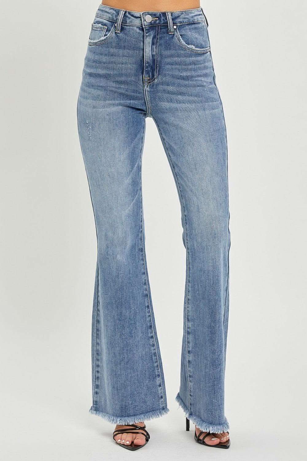 RISEN Full Size High Waist Raw Hem Flare Jeans in - photo