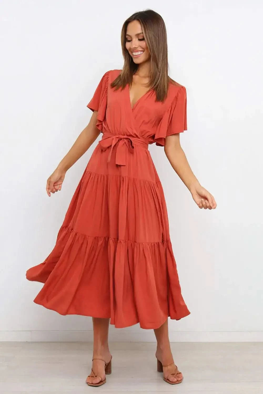 Tied Tiered Short Sleeve Midi Dress in Orange-Red - photo