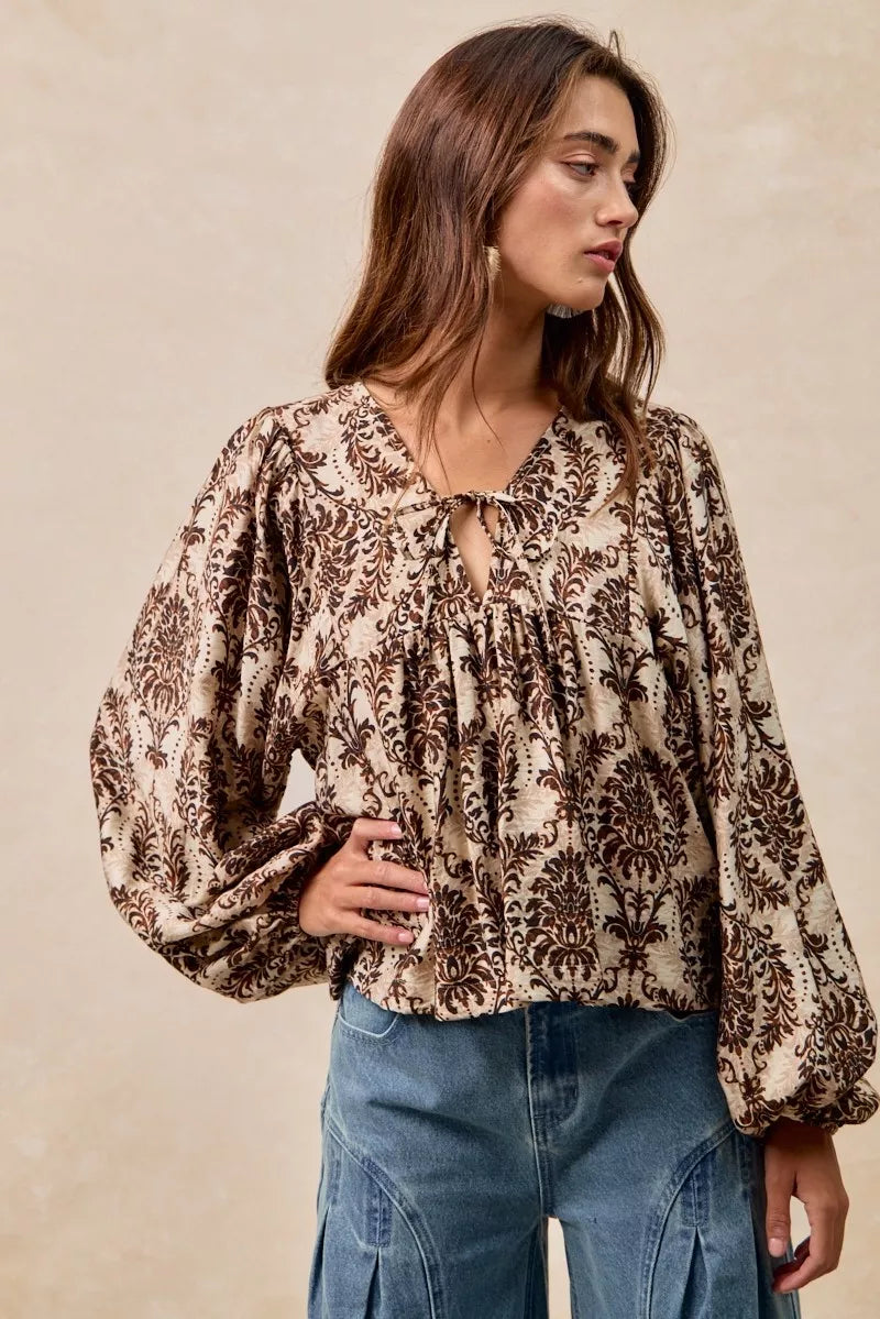 BiBi Printed Woven Front Tied Blouse with Baloon Sleeve in - photo