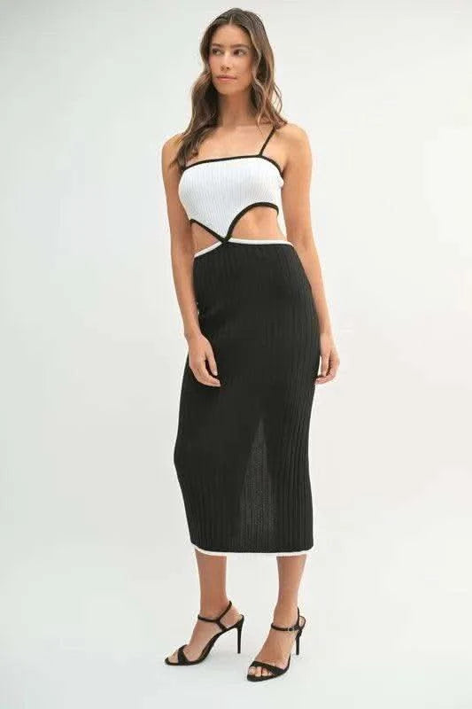 MABLE Ribbed Knit Color Block Cutout Midi Dress in - photo