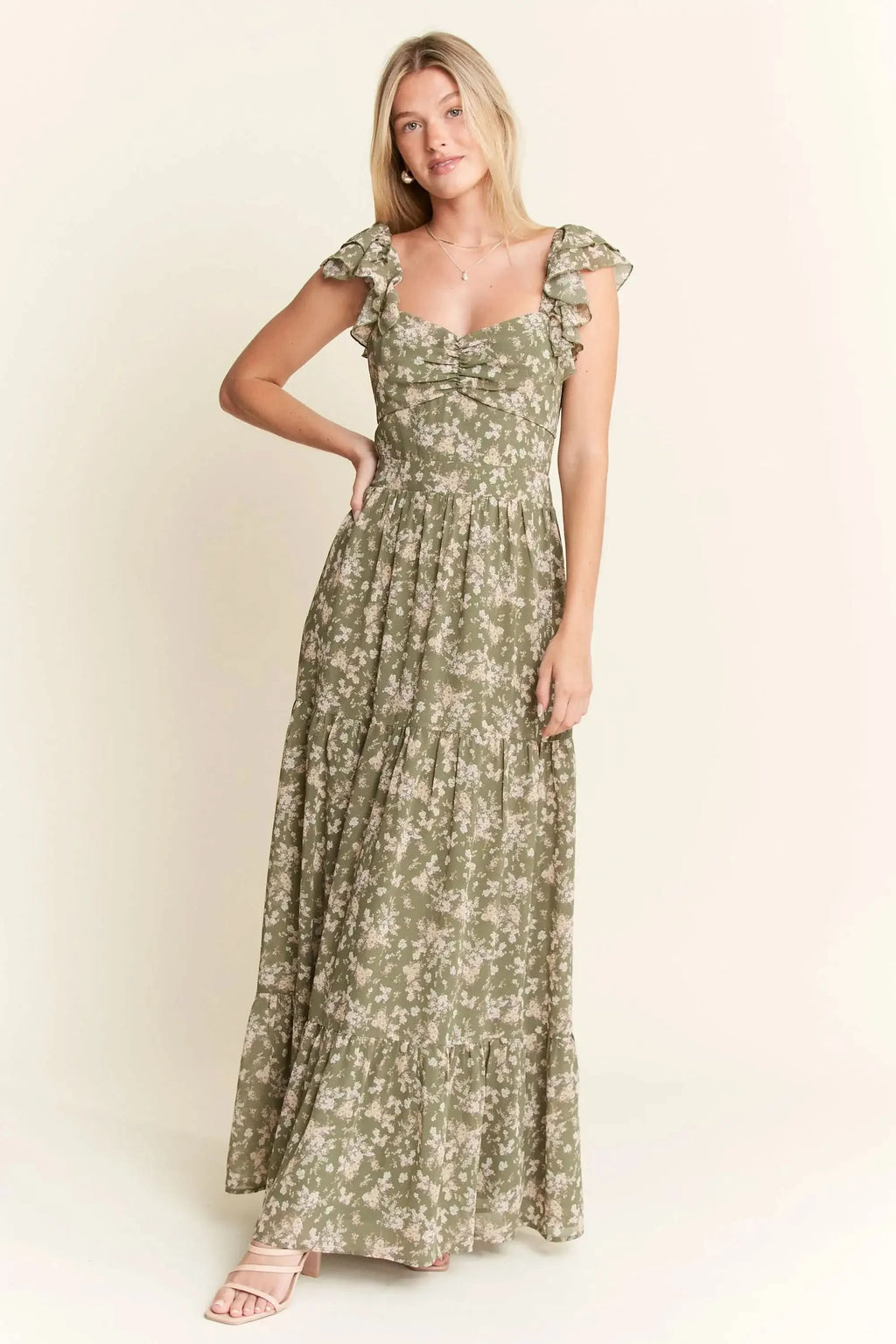 Jade By Jane Ruffle Sleeve Tiered Maxi Dress in SAGE - photo
