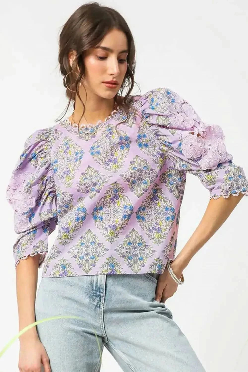 Umgee Printed Lace Puff Sleeve Blouse - SwagglyLife Home & Fashion