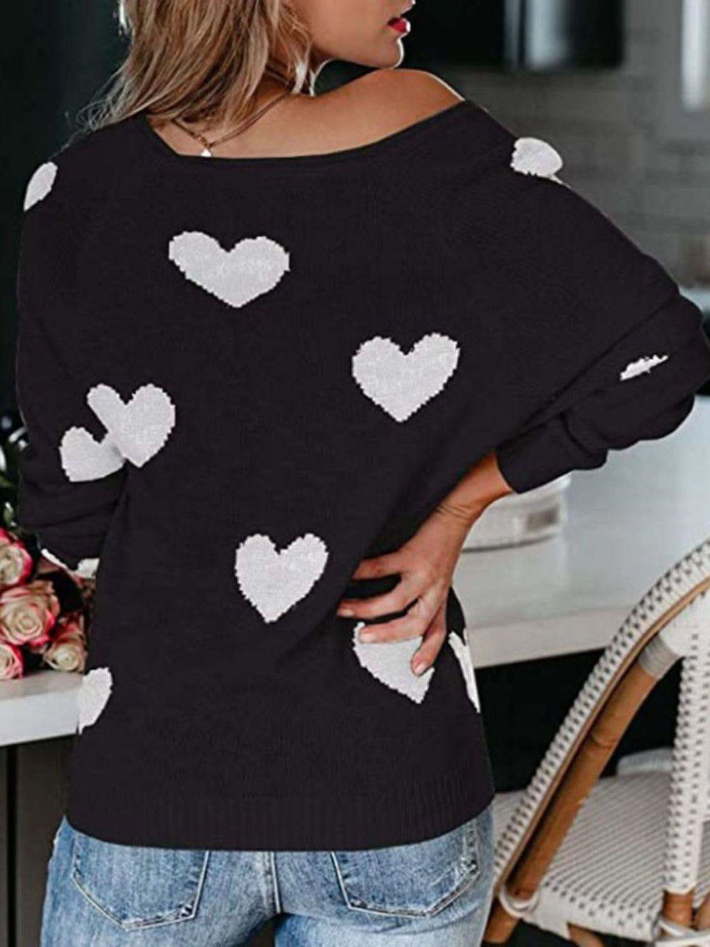 Heart Scoop Neck Long Sleeve Sweater in - photo